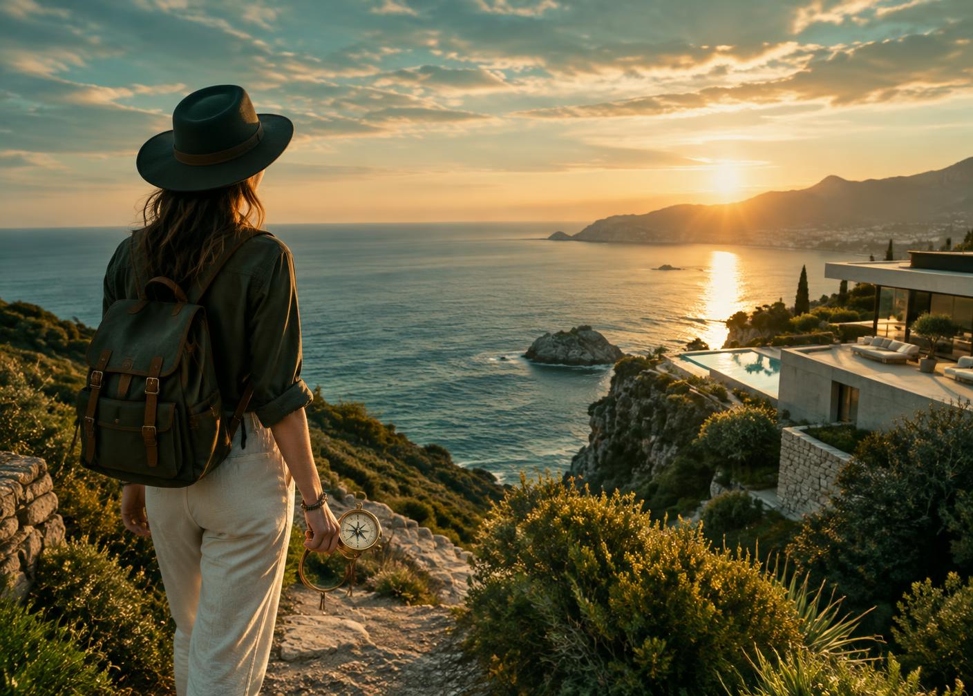 A traveler following a coastal path at sunset