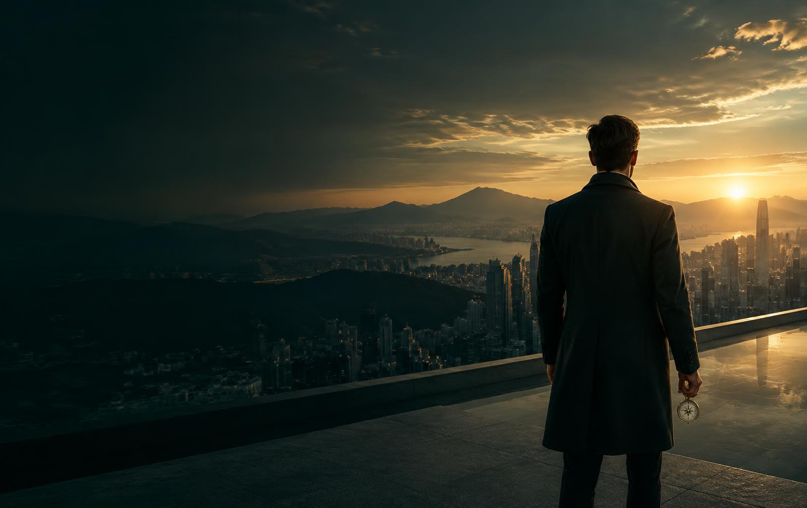 An ambitious professional surveying a global city at dawn